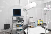 Shot of a gynecological room with chair for medical examinations and equipment medicine feminine health profession clinical hospital examine concept.